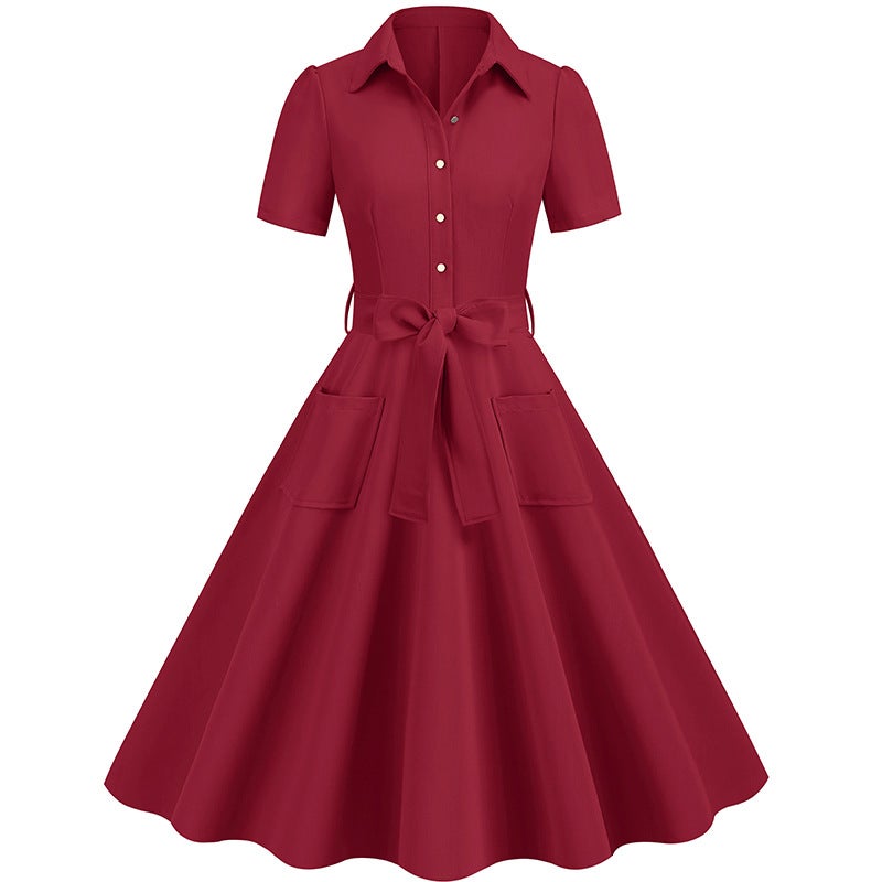 Vintage Short Sleeve Belted A-line Dress 8039 - Image 1