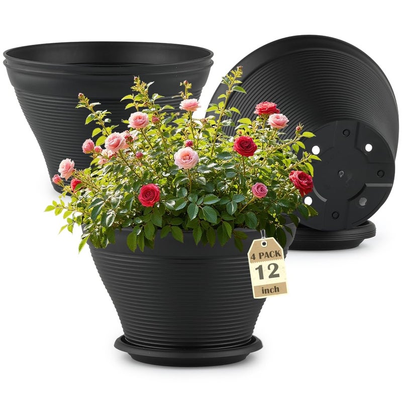 RooTrimmer 4 Pack 12 Inch Plant Pots with Saucers, Plastic Flower Pots with Drainage Holes, Large Planters for Indoor Outdoor Garden, House Plants, Flowers, Herbs, Gardening Gifts, Black - Image 1