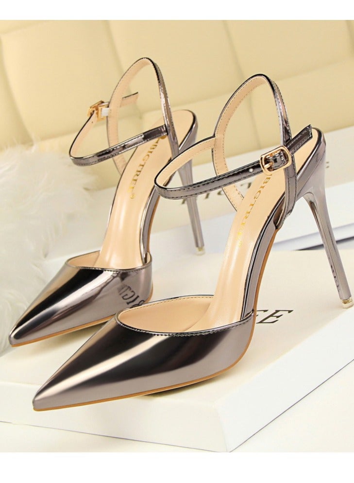 BIGTREE Women's Closed Pointed Toe 10.5 CM High Heels With Adjustable Ankle Strap Sandals Shoes Stiletto Pumps Bronze - Image 1