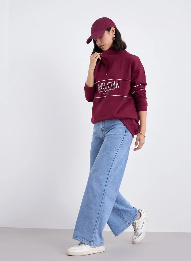 Styli Styli Women Burgundy Longline Sweatshirt