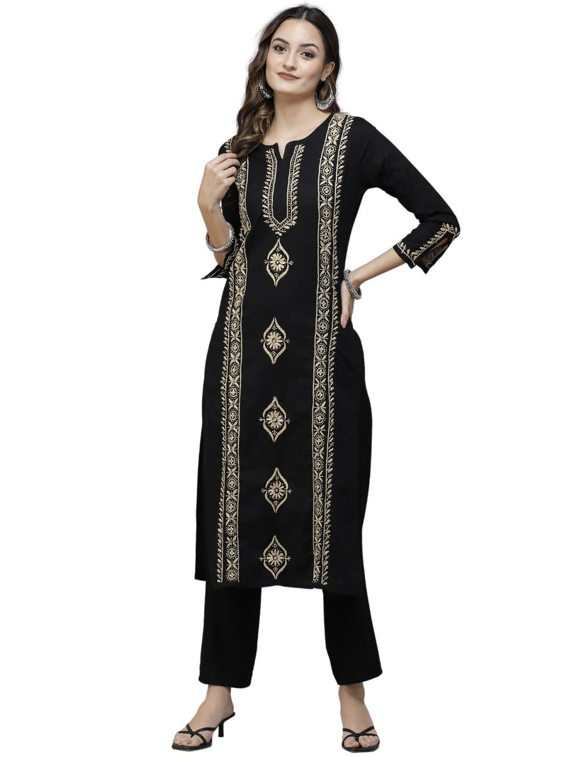 Ada Women Lucknowi Chikankari Hand Embroidered Black Straight Cotton Regular Kurta Kurti Tunic Dress A411393 (M) - Image 1