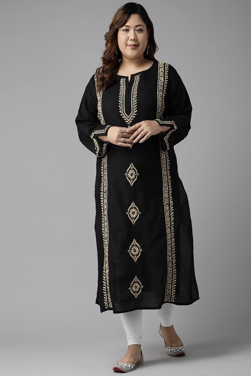 Ada Women Lucknowi Chikankari Hand Embroidered Black Straight Cotton Regular Kurta Kurti Tunic Dress A411393 (M) - Image 5