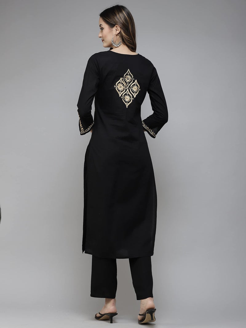 Ada Women Lucknowi Chikankari Hand Embroidered Black Straight Cotton Regular Kurta Kurti Tunic Dress A411393 (M) - Image 2