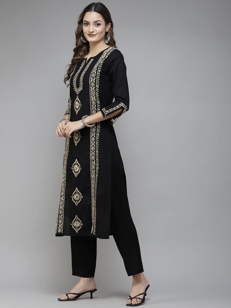Ada Women Lucknowi Chikankari Hand Embroidered Black Straight Cotton Regular Kurta Kurti Tunic Dress A411393 (M) - Image 4
