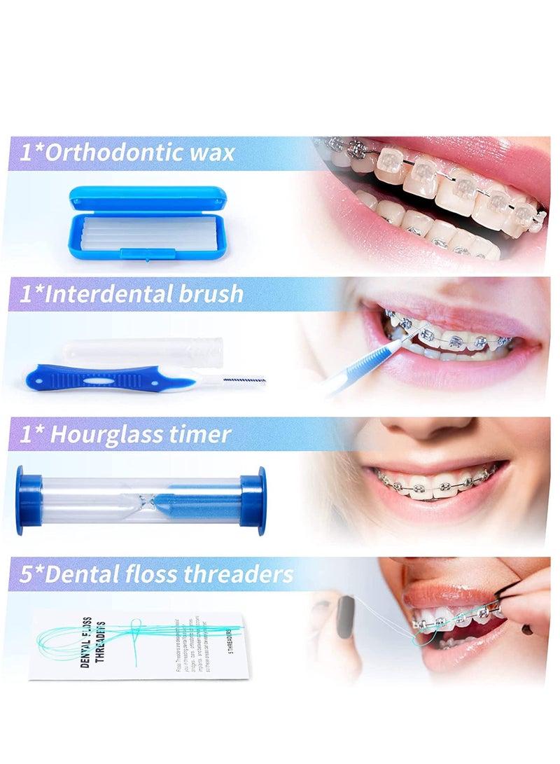 Orthodontic Care Kit, 8 Pack Portable Orthodontic Cleaning Braces Kit Oral Mirror Interdental Brush Dental Floss Dental Wax Oral Care Travel Set(Blue)
