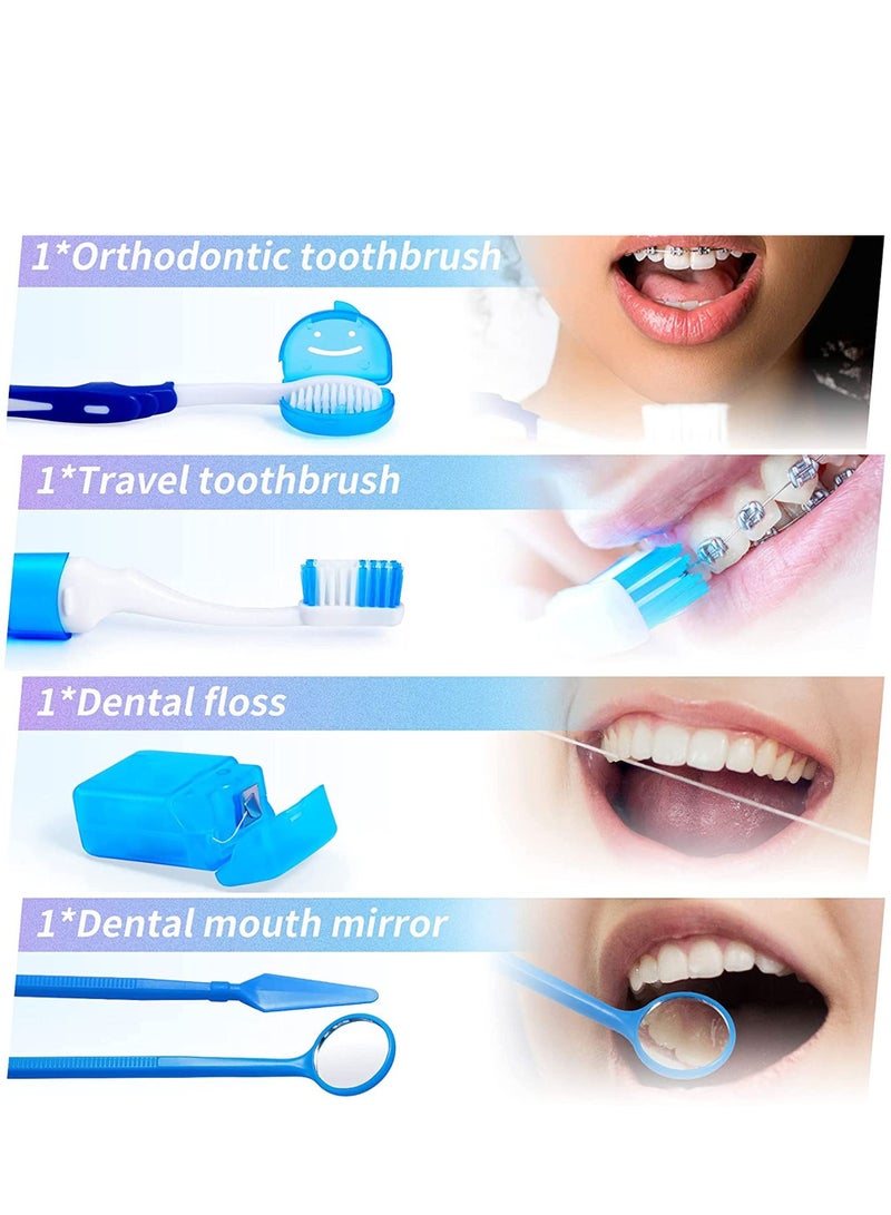 Orthodontic Care Kit, 8 Pack Portable Orthodontic Cleaning Braces Kit Oral Mirror Interdental Brush Dental Floss Dental Wax Oral Care Travel Set(Blue)