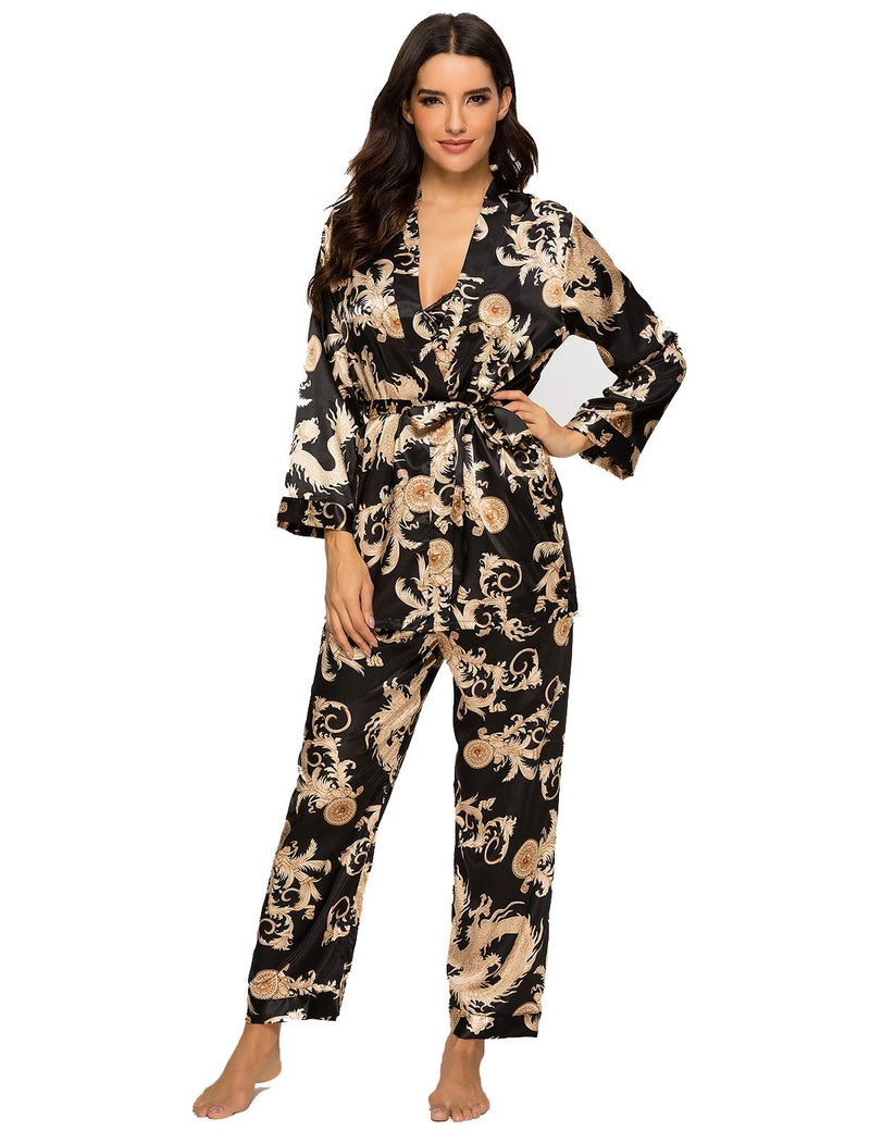 Escalier Womens Silk Satin Pajamas Set 3 Pcs Floral Silky Pj Sets Sleepwear Cami Nightwear with Robe and Pants Black M
