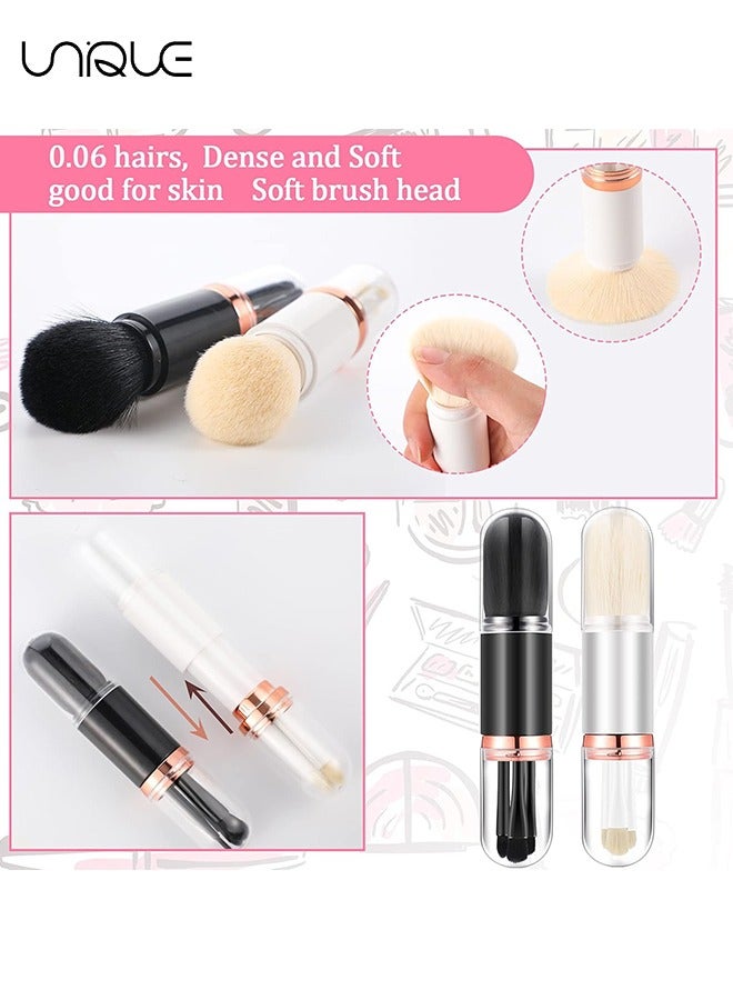 Unique 2 Sets Travel Brush Makeup Set, 4 in 1 Mini Portable Lip Brush Foundation Blending Powder Eye Shadow Brush for Women Facial Retractable Set(Black + White） - Image 3