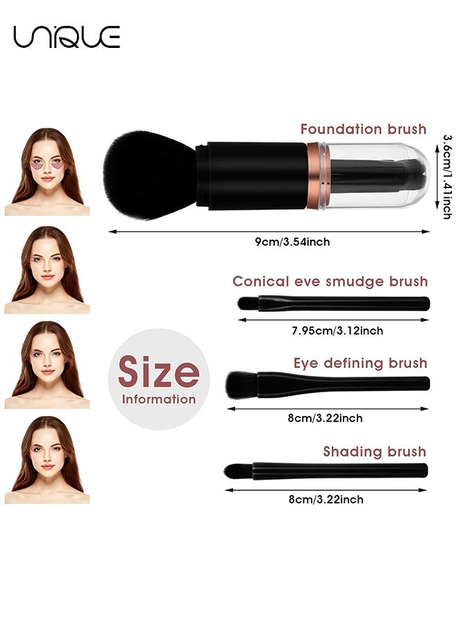 Unique 2 Sets Travel Brush Makeup Set, 4 in 1 Mini Portable Lip Brush Foundation Blending Powder Eye Shadow Brush for Women Facial Retractable Set(Black + White） - Image 2