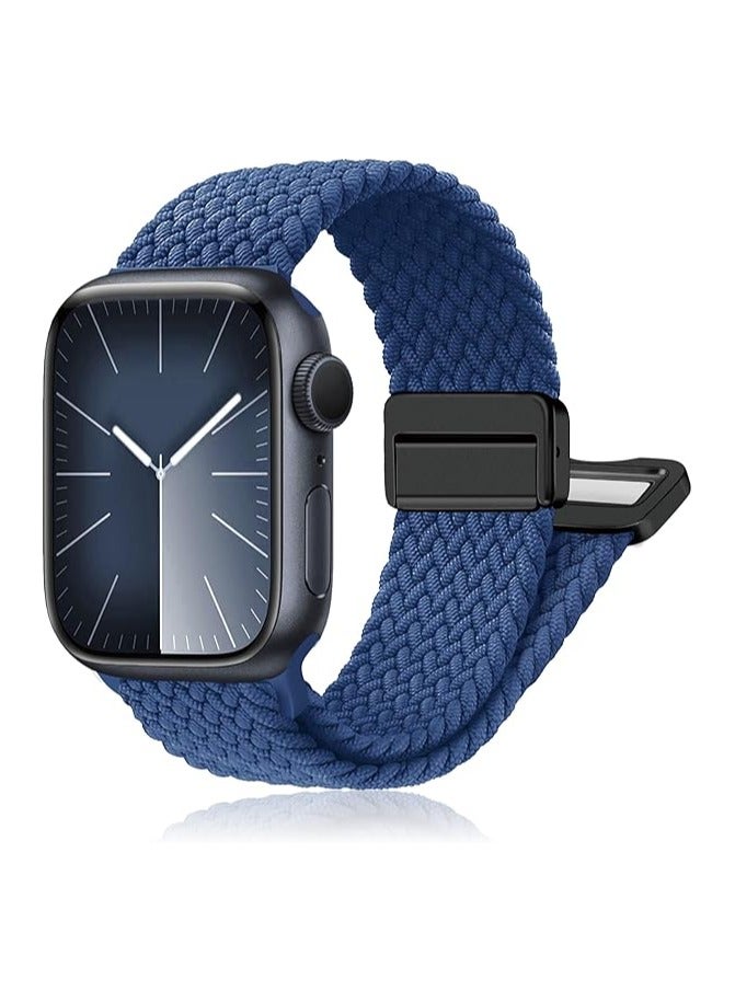 Magnetic Braided Solo Loop Band Compatible with Apple Watch Series 10 49mm 46mm 45mm 44mm 42mm for Women Men, Stretchy Nylon Elastic Sport Strap-Blue  - Image 1