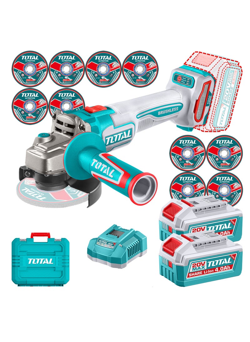 TOTAL 20V Brushless Cordless 115mm Angle Grinder Kit - 1000W Max Input, 3-Speed (3000-9000RPM) with 2x 4.0Ah Batteries, 4A Charger & 10 Discs in Case - TAGLI271532 - Image 1