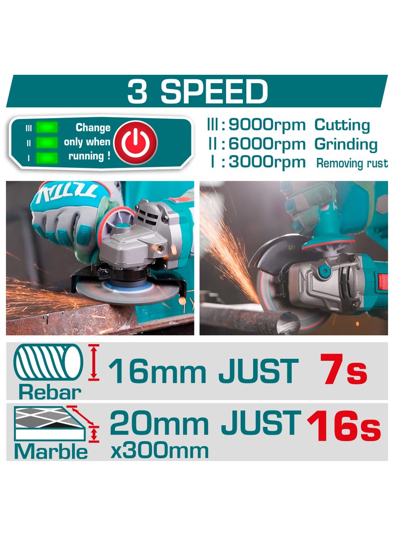 TOTAL 20V Brushless Cordless 115mm Angle Grinder Kit - 1000W Max Input, 3-Speed (3000-9000RPM) with 2x 4.0Ah Batteries, 4A Charger & 10 Discs in Case - TAGLI271532 - Image 4