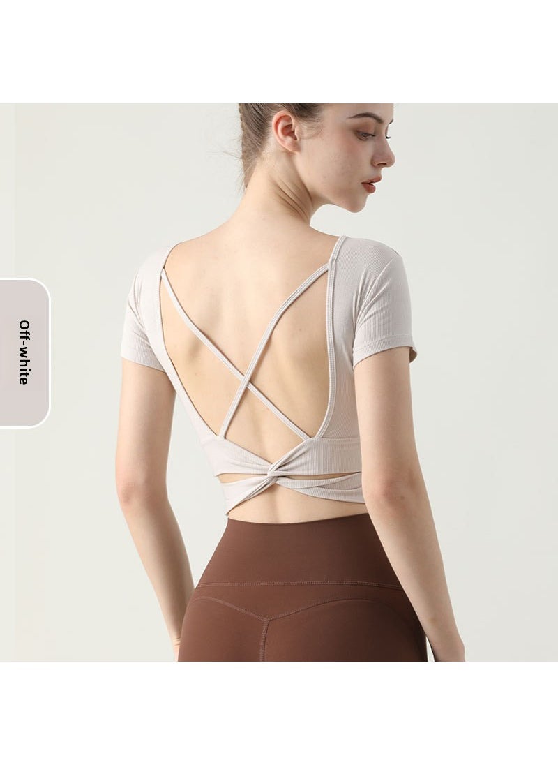 Arabest Summer Yoga Top Cross-Back Padded Fitness Tee Off-white (fixed cup) 
