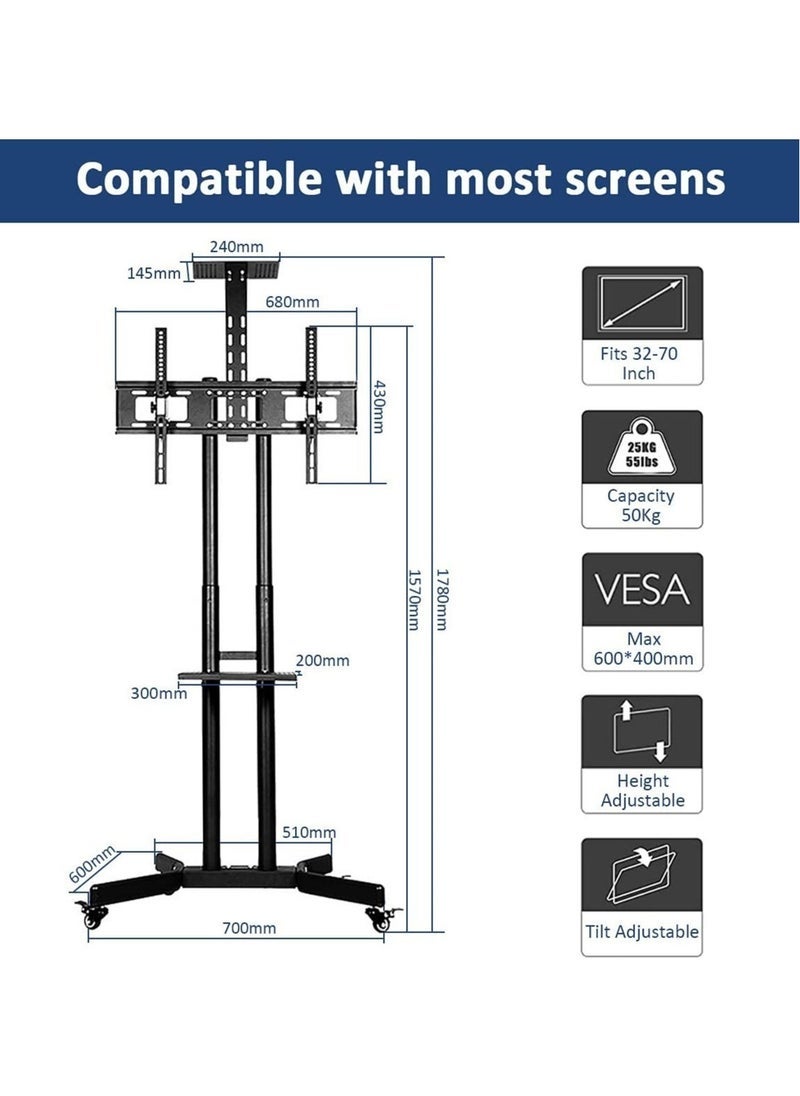 Gravity Movable TV Stand with Wheels for 32–70 Inch TVs – Height Adjustable Floor Cart with Tilt Mount, 2 Media Shelves, and Cable Management - Image 5