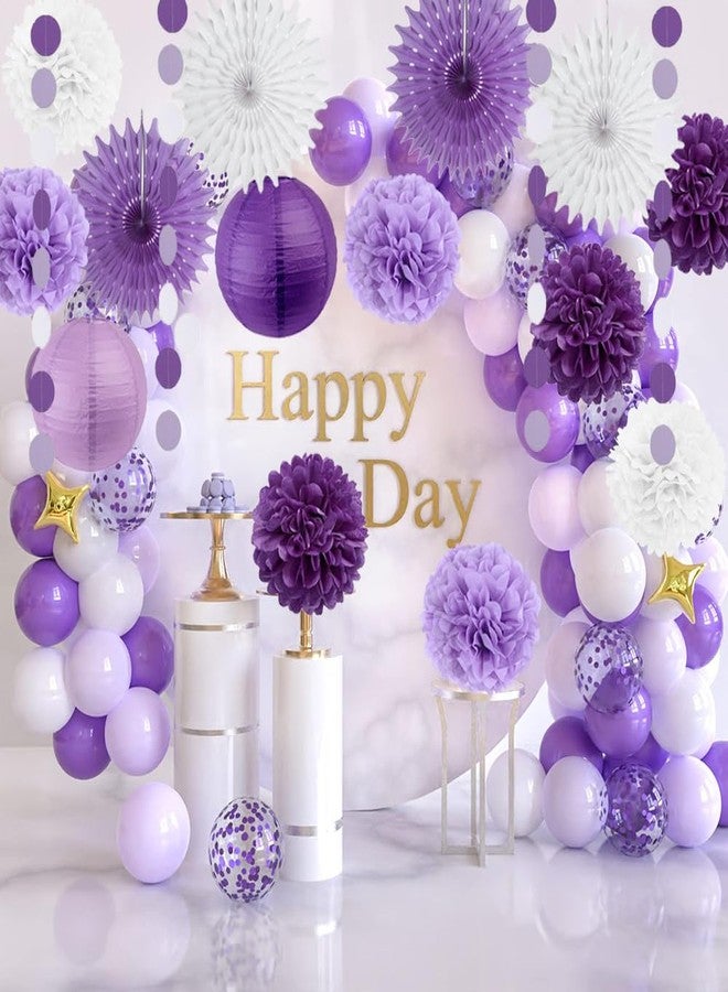 FETETIJD Purple White Lavender Party Decorations Purple Birthday Decorations Lilac Purple White Lavender Paper Fans Paper Pom Pom Flowers Lanterns for Baby Shower Bridal Shower Wedding Graduation Party Decor - Image 2