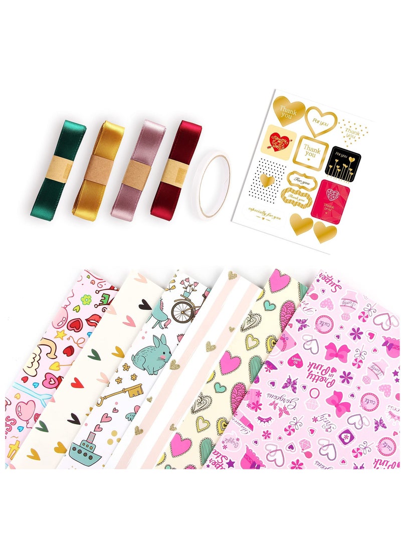 XiuWoo Wrapping Paper Sheets, Birthday Set Included 6 Pack Gift Wrap with Ribbon Tag Cute Butterfly Heart Design for Bridal Baby Shower Weddings Boy Girl - Image 1
