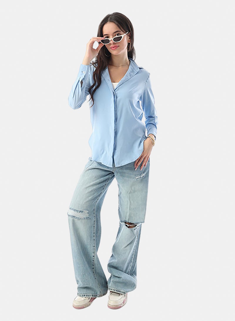 Andora Turn Down Collar Hidden Placket Shirt - Light Blue - Image 4