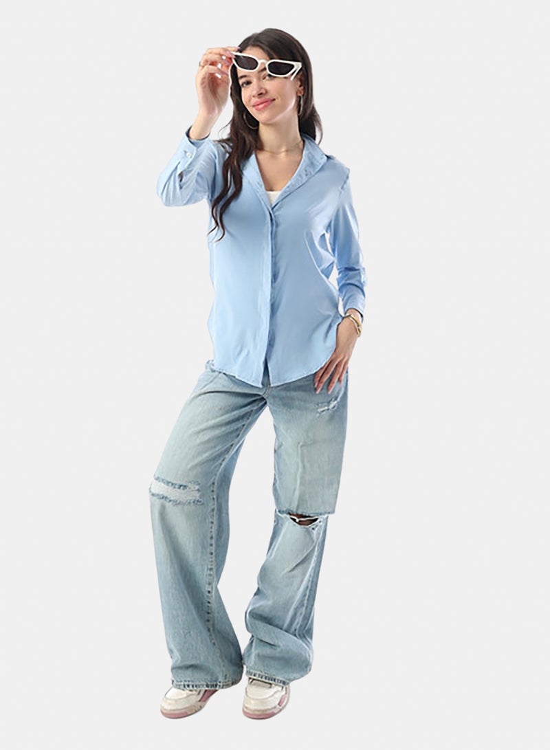 Andora Turn Down Collar Hidden Placket Shirt - Light Blue - Image 5