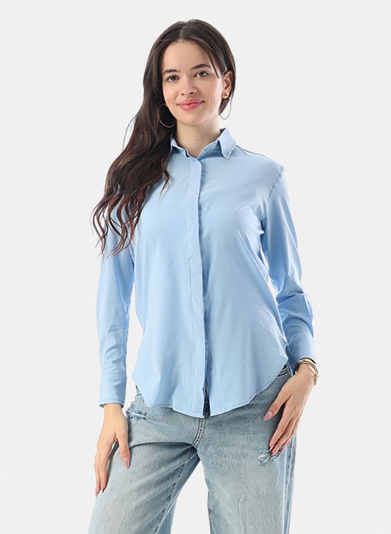 Andora Turn Down Collar Hidden Placket Shirt - Light Blue - Image 1