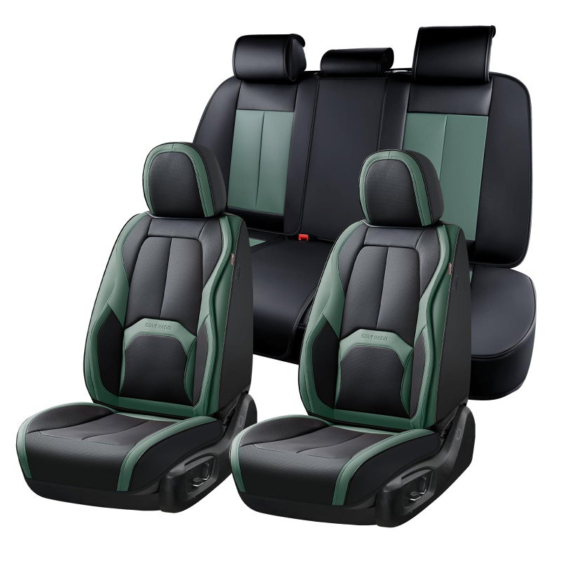 Coverado Car Seat Covers Full Set, Green Car Seat Cover, Car Leather Seat Protector with Lumbar Support, Waterproof Car Seat Cushion, Leather Seat Covers Universal Fit Most Cars, (Black&Green) - Image 1