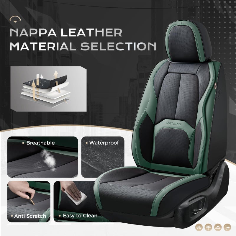 Coverado Car Seat Covers Full Set, Green Car Seat Cover, Car Leather Seat Protector with Lumbar Support, Waterproof Car Seat Cushion, Leather Seat Covers Universal Fit Most Cars, (Black&Green) - Image 4