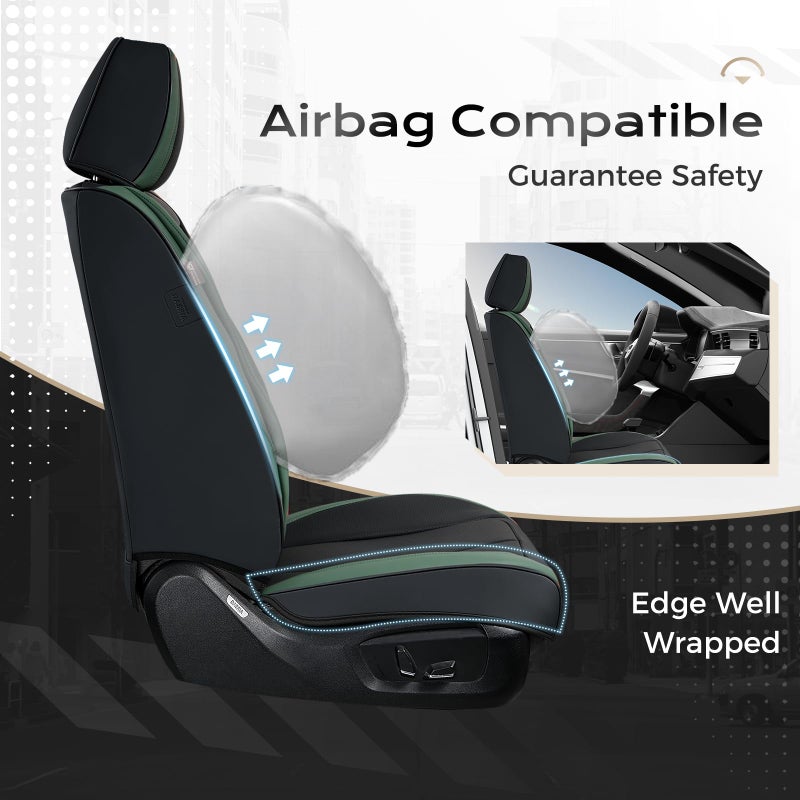 Coverado Car Seat Covers Full Set, Green Car Seat Cover, Car Leather Seat Protector with Lumbar Support, Waterproof Car Seat Cushion, Leather Seat Covers Universal Fit Most Cars, (Black&Green) - Image 5