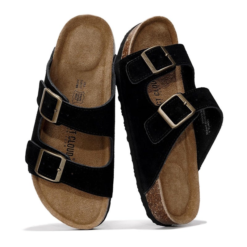 Project Cloud 100% Genuine Leather Flat Sandals For Women 2026 Cork Footbed Womens Sandals with Memory Foam and arch support Vacation Essentials Slides for Women Footwear (Venita, blksu, 9) - Image 1