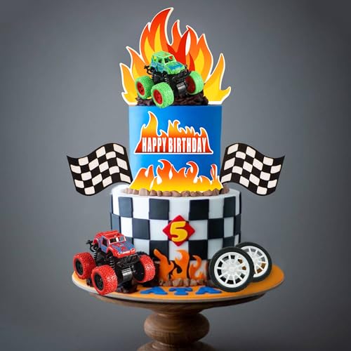 DRWATE Truck Cake Toppers Truck Cake Decorations Flame Blaze Wheel Race Car Cake Toppers for Truck Themed Racing Car Decorations Supplies Truck - Image 1