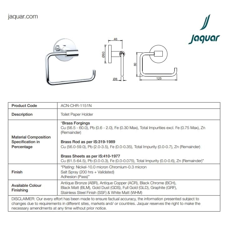 jaquar Jaquar Continental Brass Kitchen/Bathroom Toilet Roll Holder - ACN 1151N (Chrome) - Image 3