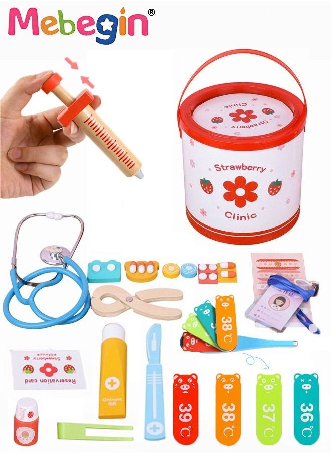 MEBEGIN 17 Pcs Doctor Role Play Set, Fun Play-Act Kids Doctor Kit, Medical Themed Playset, Pretend Play Medical Kit with Portable Toy Storage Bucket and Matching Doctor Tools and Accessories  - Image 1