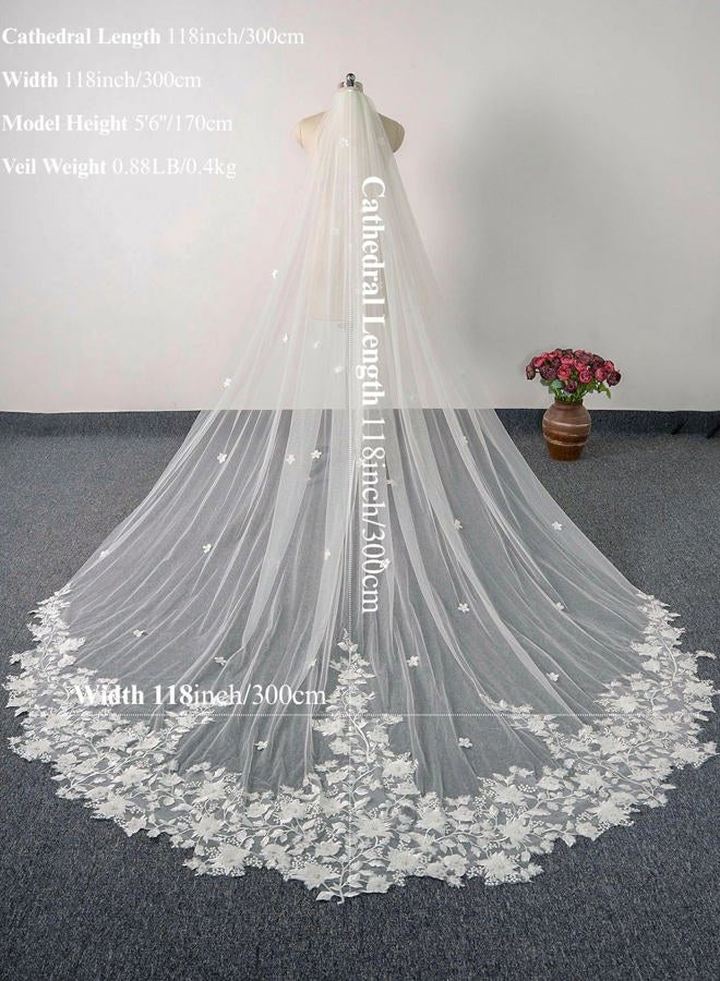 AiberLisha Pearl Floral Cathedral Wedding Bridal Veil with Metal Comb, White, Cathedral length:118inch(300cm) - Image 2