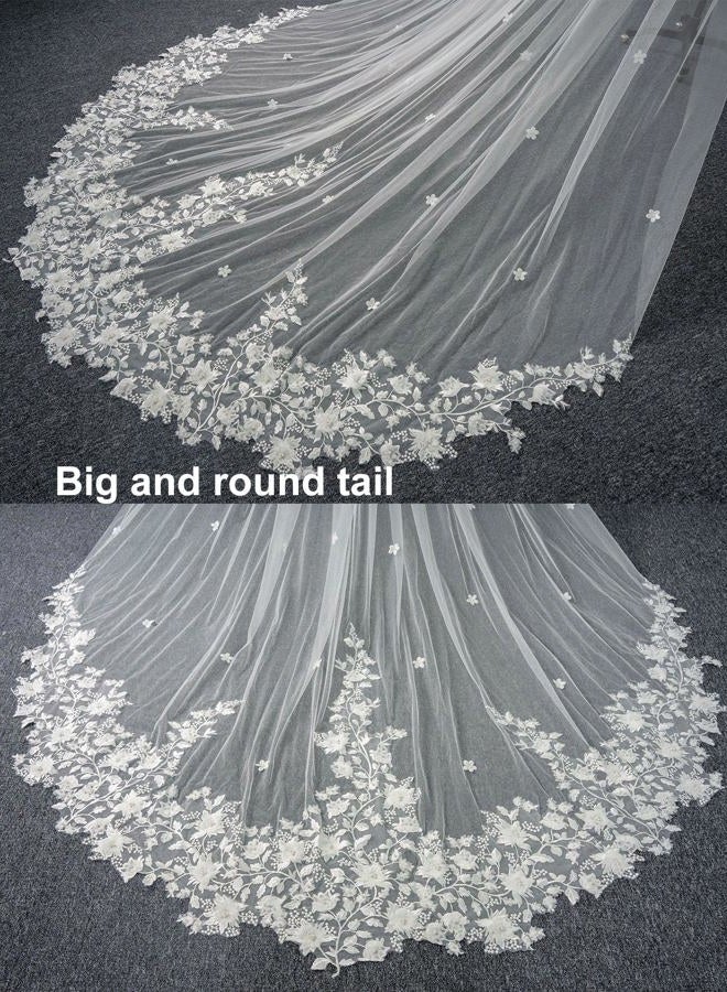 AiberLisha Pearl Floral Cathedral Wedding Bridal Veil with Metal Comb, White, Cathedral length:118inch(300cm) - Image 4