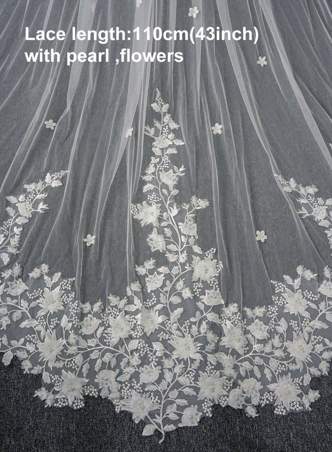 AiberLisha Pearl Floral Cathedral Wedding Bridal Veil with Metal Comb, White, Cathedral length:118inch(300cm) - Image 3