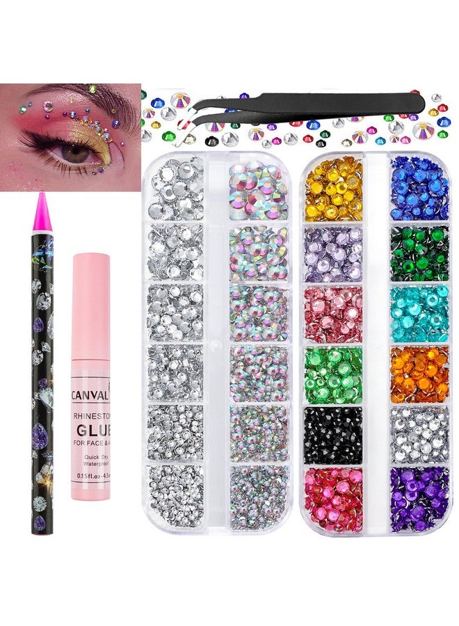 Canvalite Rhinestones for Face Colorful Face Gems Face Jewels AB & Clear Eye Hair Nail Gems Rhinestones with Quick Dry Makeup Glue, 1 Rhinestones Picker Wax Pen, 1 Tweezers for Nail Art Face Makeup - Image 1