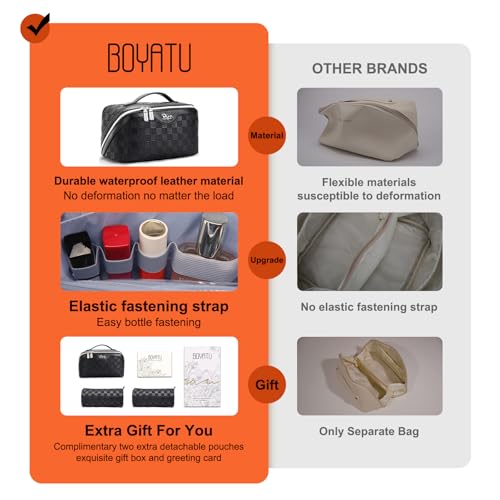 BOYATU Travel Makeup Bag Organizer Cosmetic Bag: 3 Pcs Set Make up Bags for Women with Handle - Waterproof Vegan Leather Toiletry Bags Travel Essentials Pouch with Compartments (01-Black) - Image 4