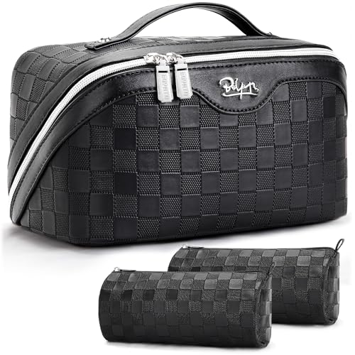 BOYATU Travel Makeup Bag Organizer Cosmetic Bag: 3 Pcs Set Make up Bags for Women with Handle - Waterproof Vegan Leather Toiletry Bags Travel Essentials Pouch with Compartments (01-Black) - Image 1