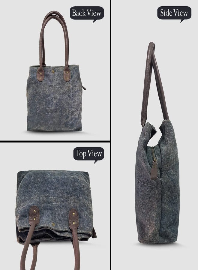 MANDAVA Washed Jute with Leather Handles Women's Handbag Medium Size Ladies Shoulder Bag (Blue) - Image 2
