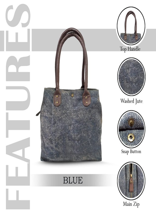 MANDAVA Washed Jute with Leather Handles Women's Handbag Medium Size Ladies Shoulder Bag (Blue) - Image 3
