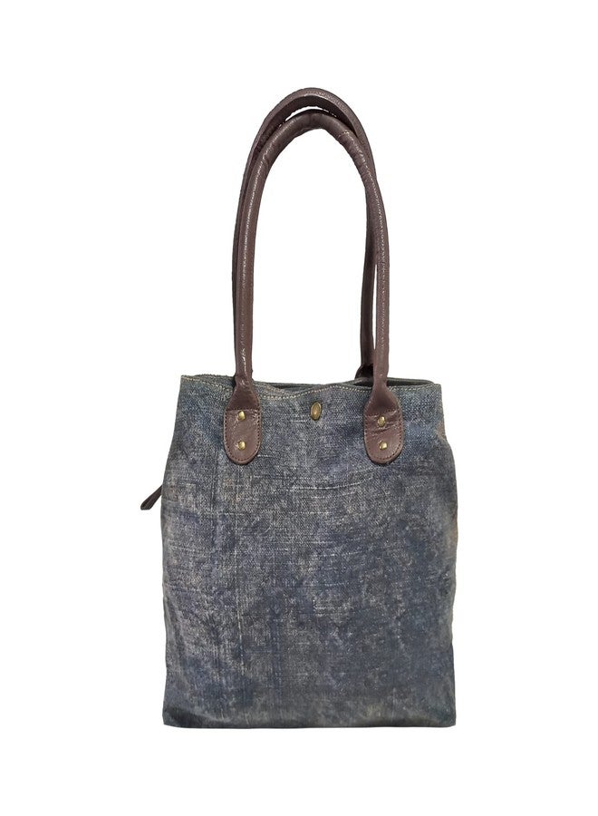 MANDAVA Washed Jute with Leather Handles Women's Handbag Medium Size Ladies Shoulder Bag (Blue) - Image 1