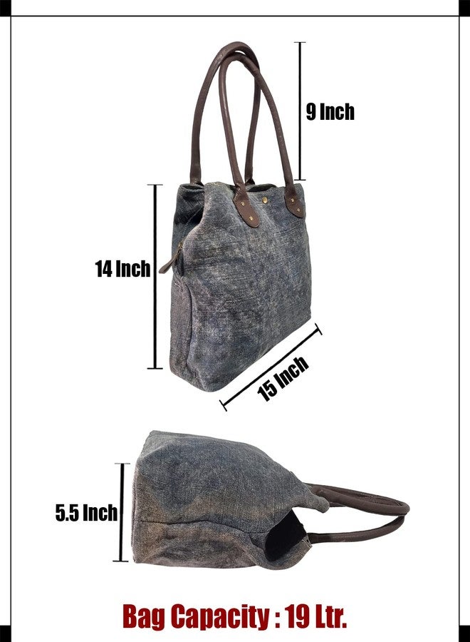 MANDAVA Washed Jute with Leather Handles Women's Handbag Medium Size Ladies Shoulder Bag (Blue) - Image 4