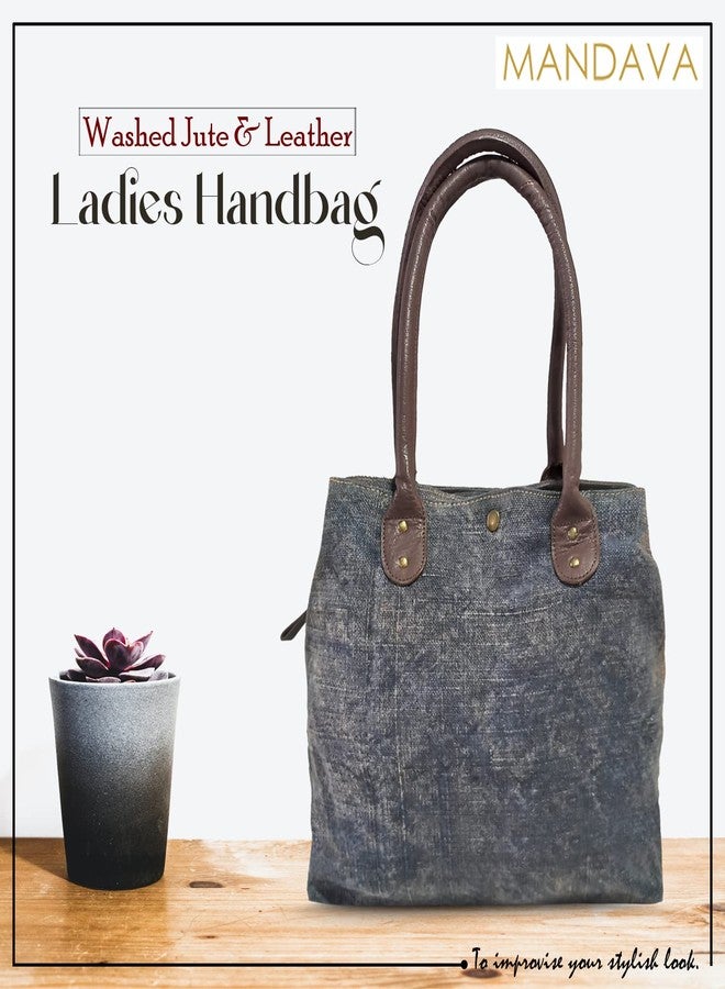 MANDAVA Washed Jute with Leather Handles Women's Handbag Medium Size Ladies Shoulder Bag (Blue) - Image 5