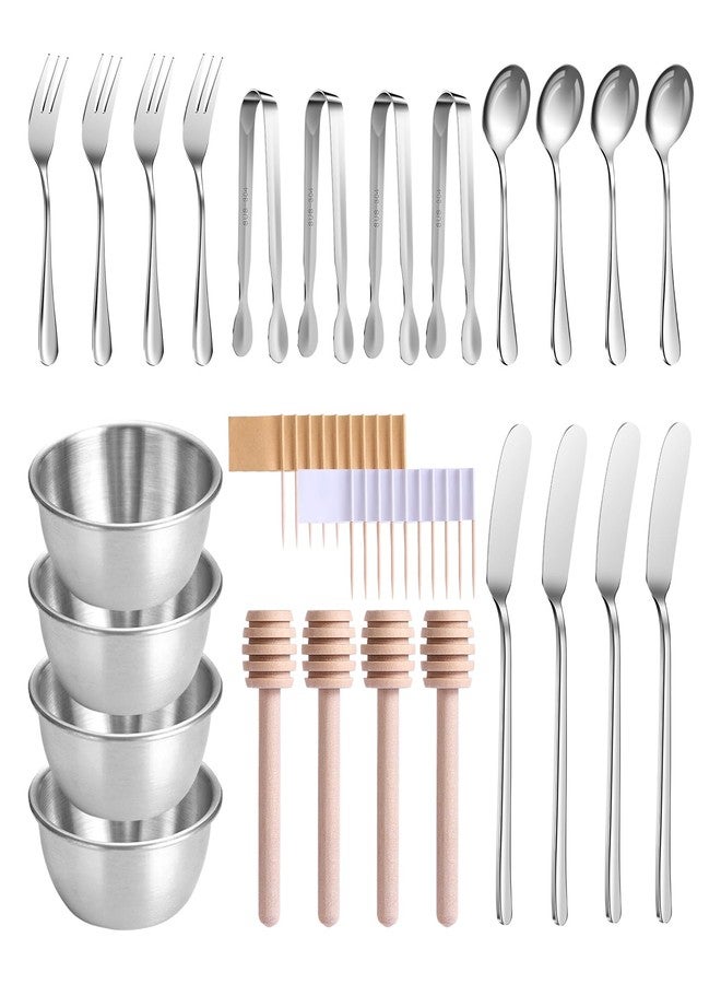 GUZE-US Charcuterie Boards Accessories, Charcuterie Utensils, Stainless Steel Spreader Knives Forks Spoons Mini Serving Tongs Small Dipping Bowls Toothpick Flags Utensils for Pastry Making - Image 1
