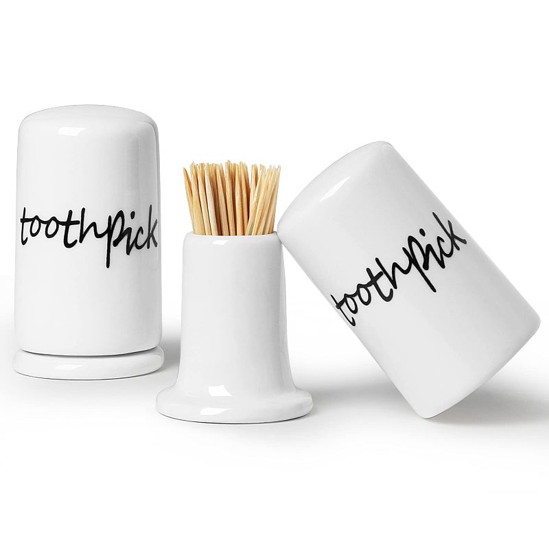 ONTUBE Ceramic Toothpick Holder Dispenser with Lid, Set of 2, White - Image 1