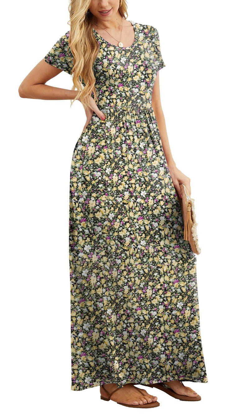 GRECERELLE Women Summer Crew Neck Casual Short Sleeve Long Maxi Dress with Pockets, Floral Black Yellow, L - Image 3