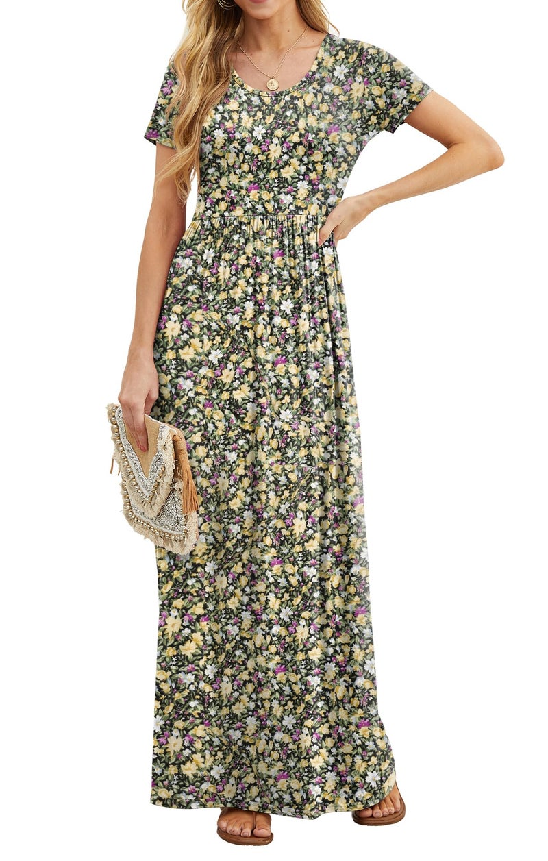 GRECERELLE Women Summer Crew Neck Casual Short Sleeve Long Maxi Dress with Pockets, Floral Black Yellow, L - Image 2