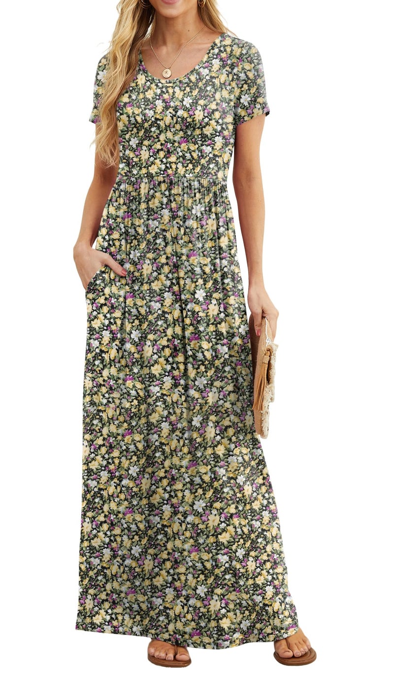 GRECERELLE Women Summer Crew Neck Casual Short Sleeve Long Maxi Dress with Pockets, Floral Black Yellow, L - Image 1
