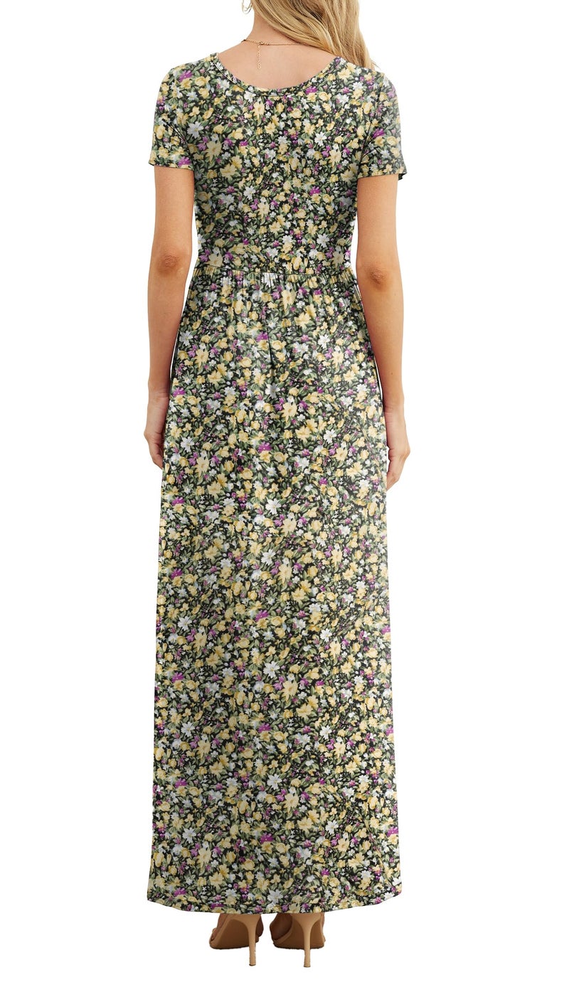 GRECERELLE Women Summer Crew Neck Casual Short Sleeve Long Maxi Dress with Pockets, Floral Black Yellow, L - Image 4