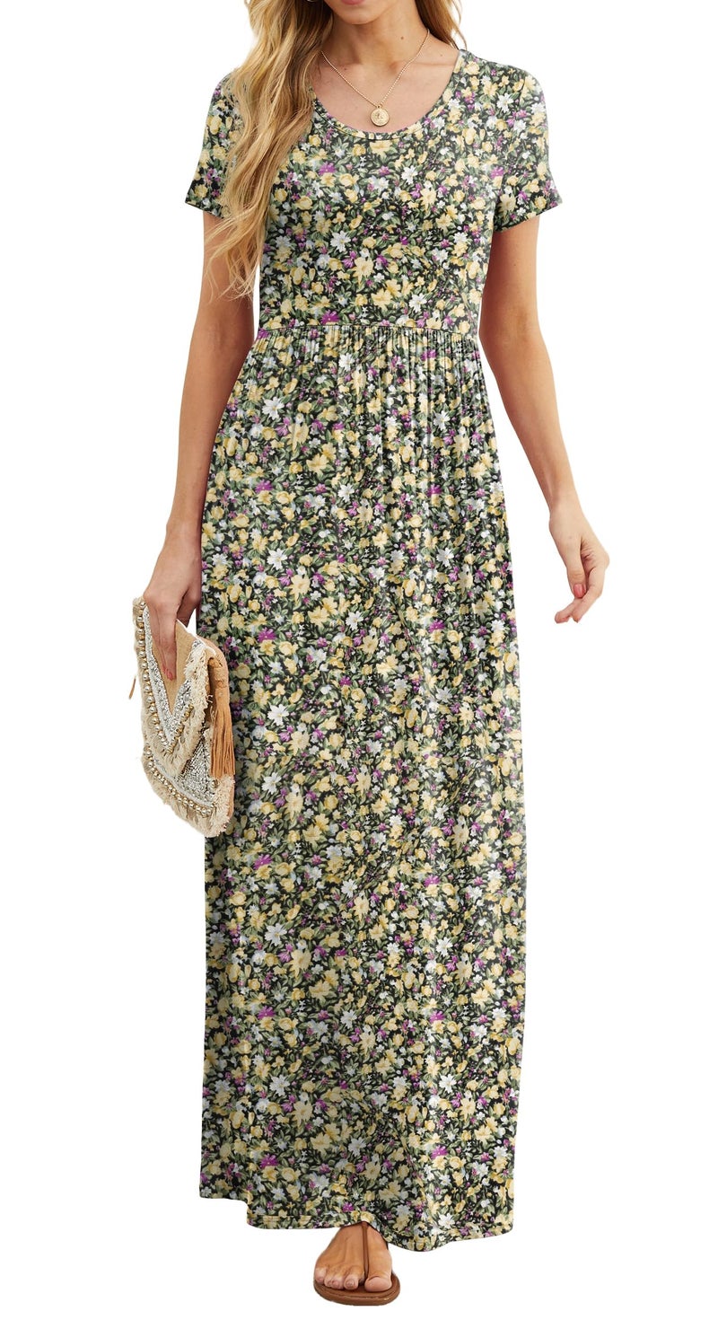 GRECERELLE Women Summer Crew Neck Casual Short Sleeve Long Maxi Dress with Pockets, Floral Black Yellow, L - Image 5