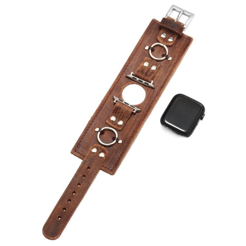 سوار ساعة ذكية سوار جلدي كلاسيكي متوافق مع Apple Watch بملاءمة قابلة للتعديل وحزام بديل للاستخدام اليومي باللون بني قابل للتعديل باللون البني - Image 1
