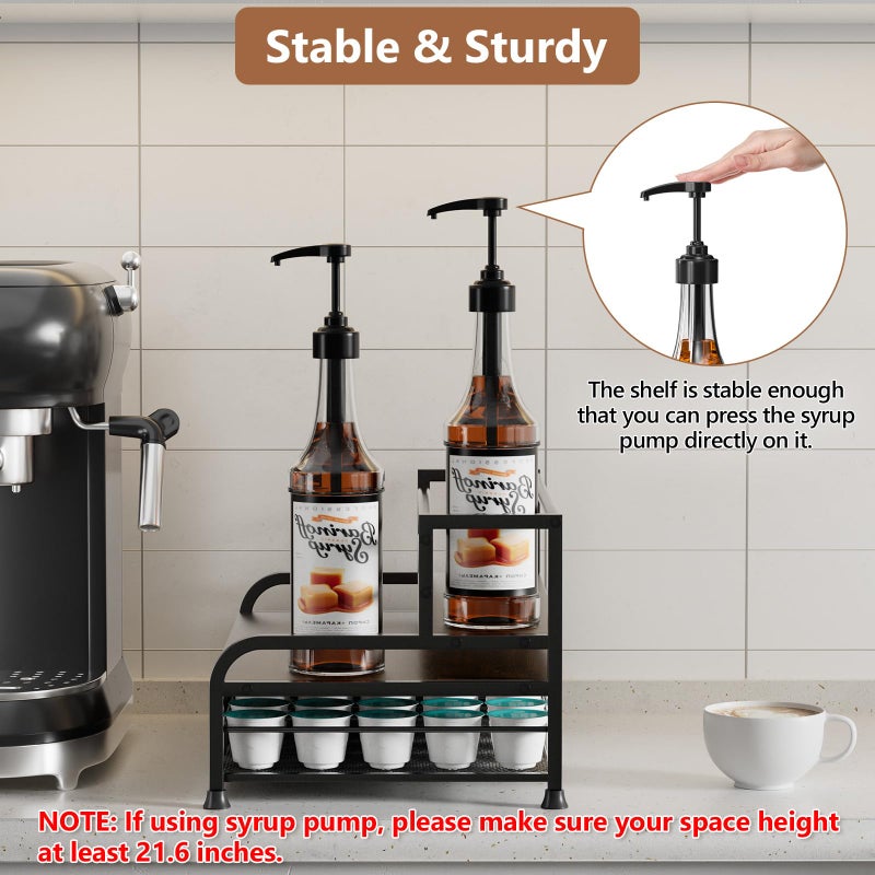 PONEYA Coffee Syrup Rack Organizer, 3-Tier 8 Bottles Syrup Rack with 35 K Cup Storage Basket for Coffee Bar, Countertop Bottle Holder Stand for Wine, Dressing for Kitchen Cafe Station - Image 2